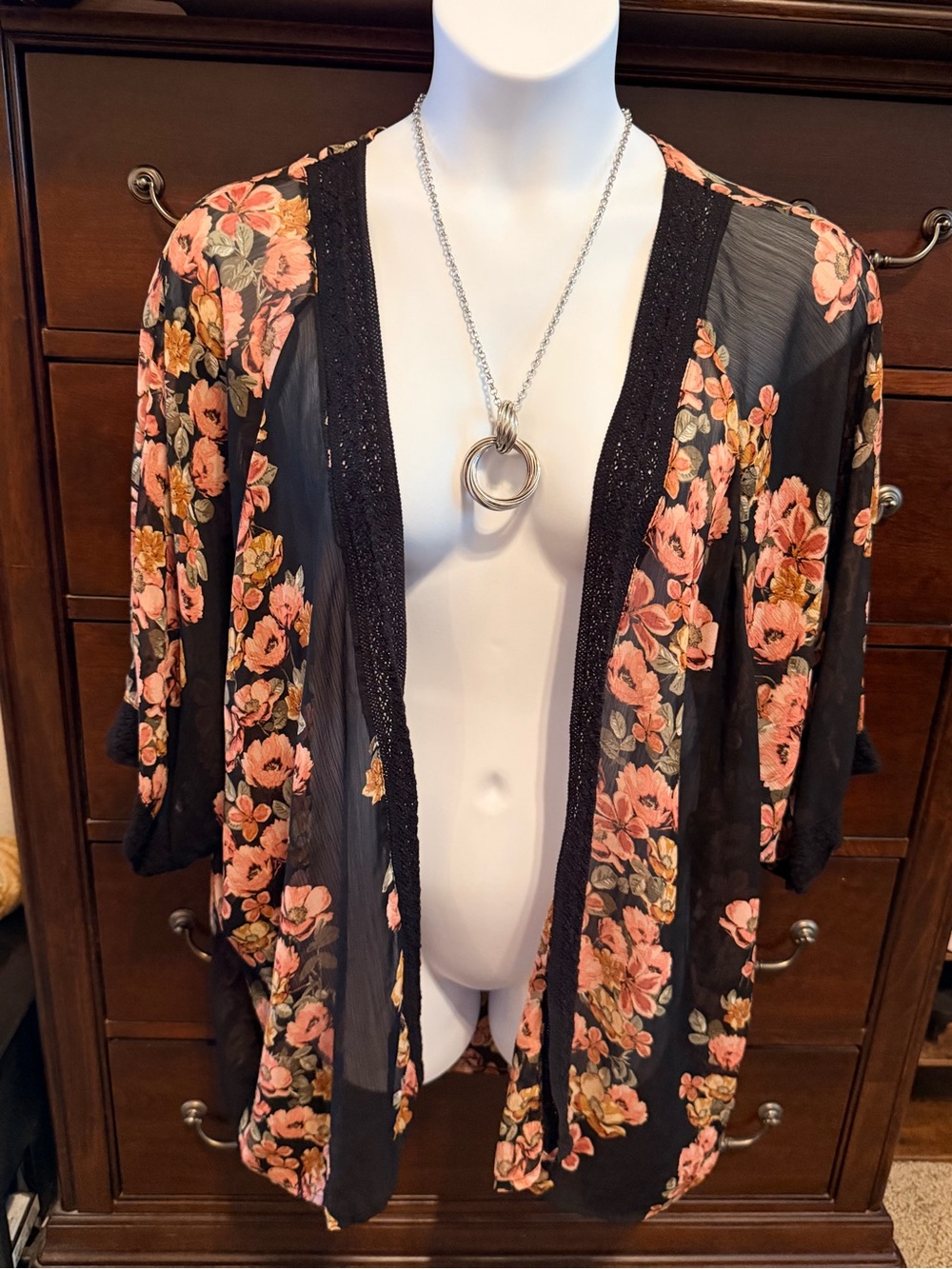 Maurices Black Floral Open-Front Kimono